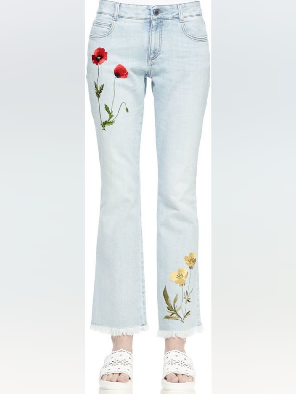 Stella McCartney Light Blue Embroidered Flare Jeans with Red & Yellow Flowers - Picture 5 of 5